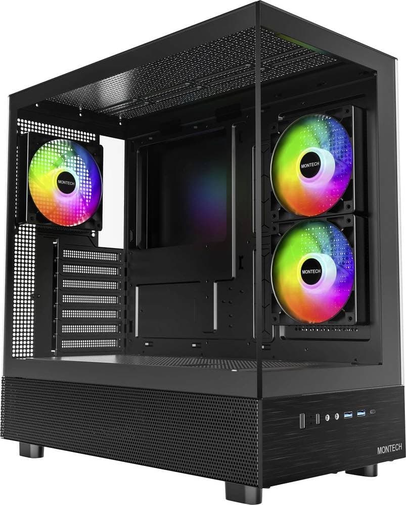 MONTECH XR, ATX Mid-Tower PC Gaming Case, 3 x 120mm ARGB PWM Fans Pre-Installed, Full-View Dual Tempered Glass Panel, Wood-Grain Design I/O Interface, Support 4090 GPUs, 360mm Radiator Support, Black