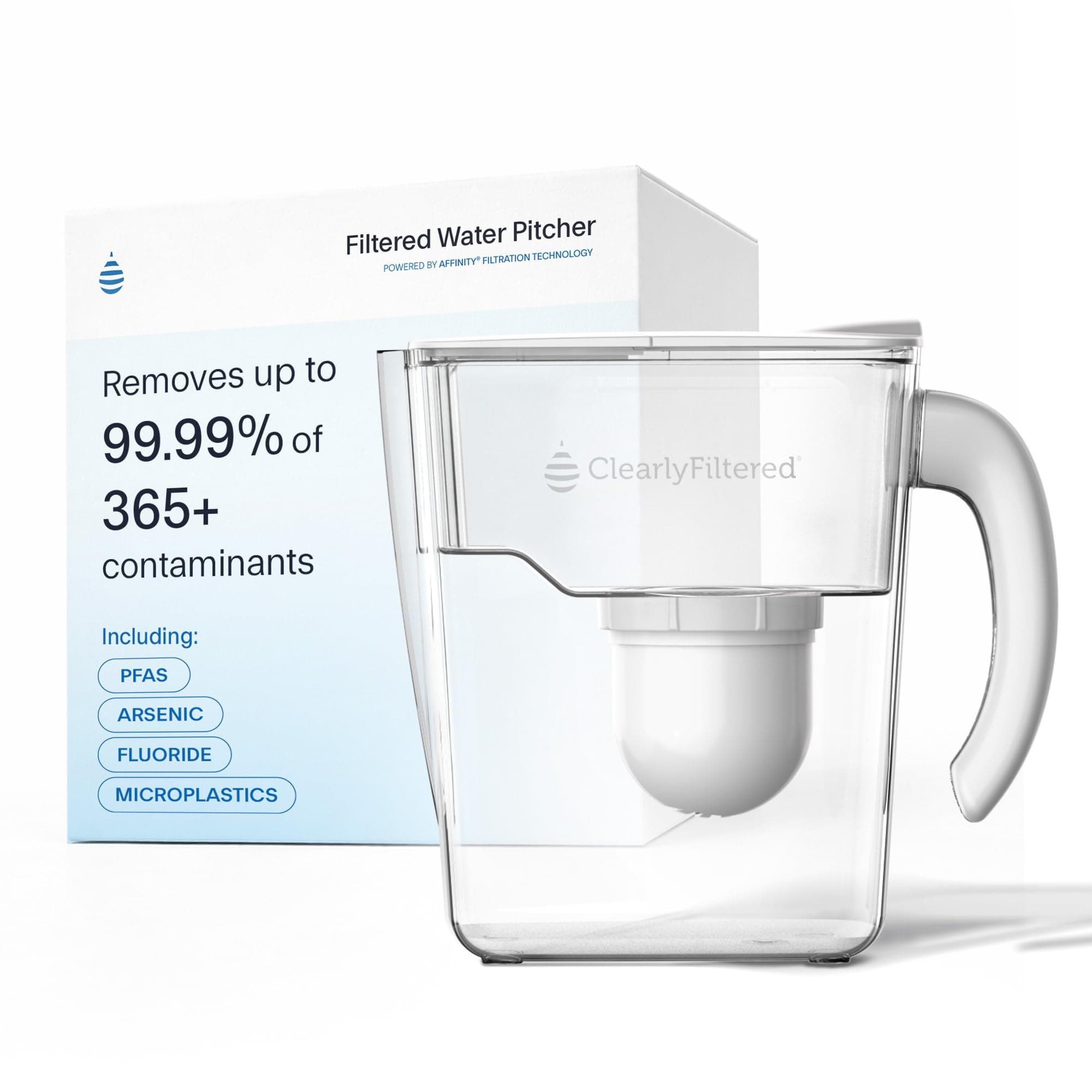 Clear Filter #1 Filter Water Pitcher / Improved Model / Over 365 Contaminants (Example: Fluoride, Chlorine, PFAS, Microplastic, Lead Arsenic BPA/BPS Free (1 Filter Included with Pitcher)