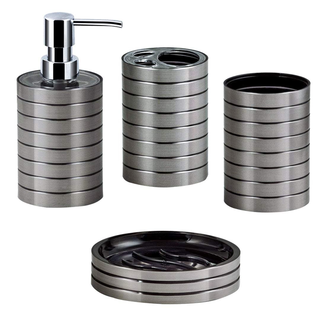 BLEQYS® 4 Pcs Plastic Gift Set, Bathroom Accessories Set, Toothbrush Holder,Soap Dispenser,Soap Dish,Tumbler Straw Set (Silver)