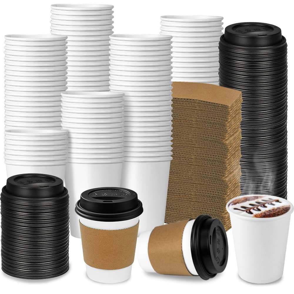 - 100-Pack 8 oz Thickened Disposable Coffee Cups with Lids and Sleeves, To Go Cups for Hot Beverages, Perfect for Hot Coffee, Cocoa, and Chocolate