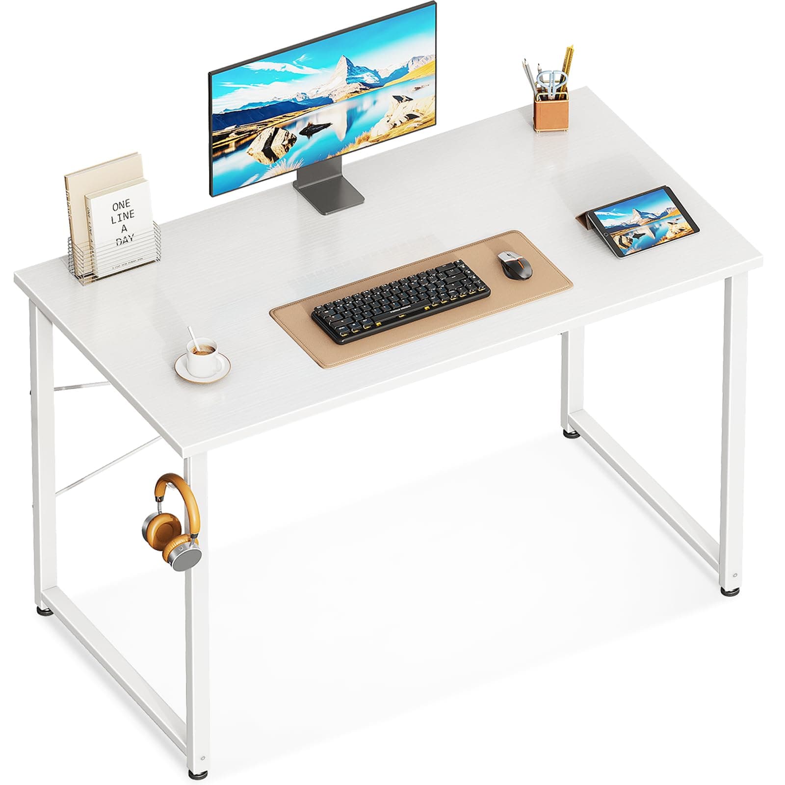 ODK Computer Writing Desk 32 inch, Sturdy Home Office Table, Work Desk with Headphone Hook, Pure White