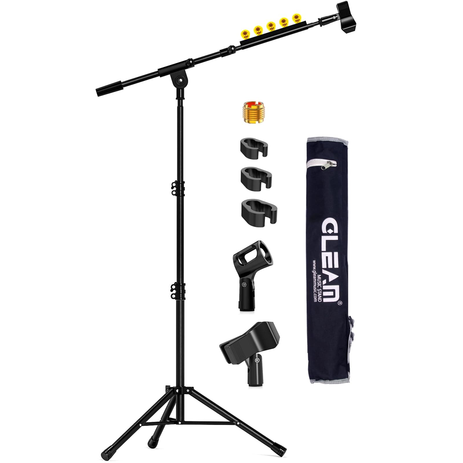 GLEAM Microphone Stand for Light Microphone less than 1 LB - Tripod Boom Arm Mic Stand with Carrying Bag, 2 Mic Clips and Screw Adapter Portable for Singing Performance Wedding Stage and Mic Mount