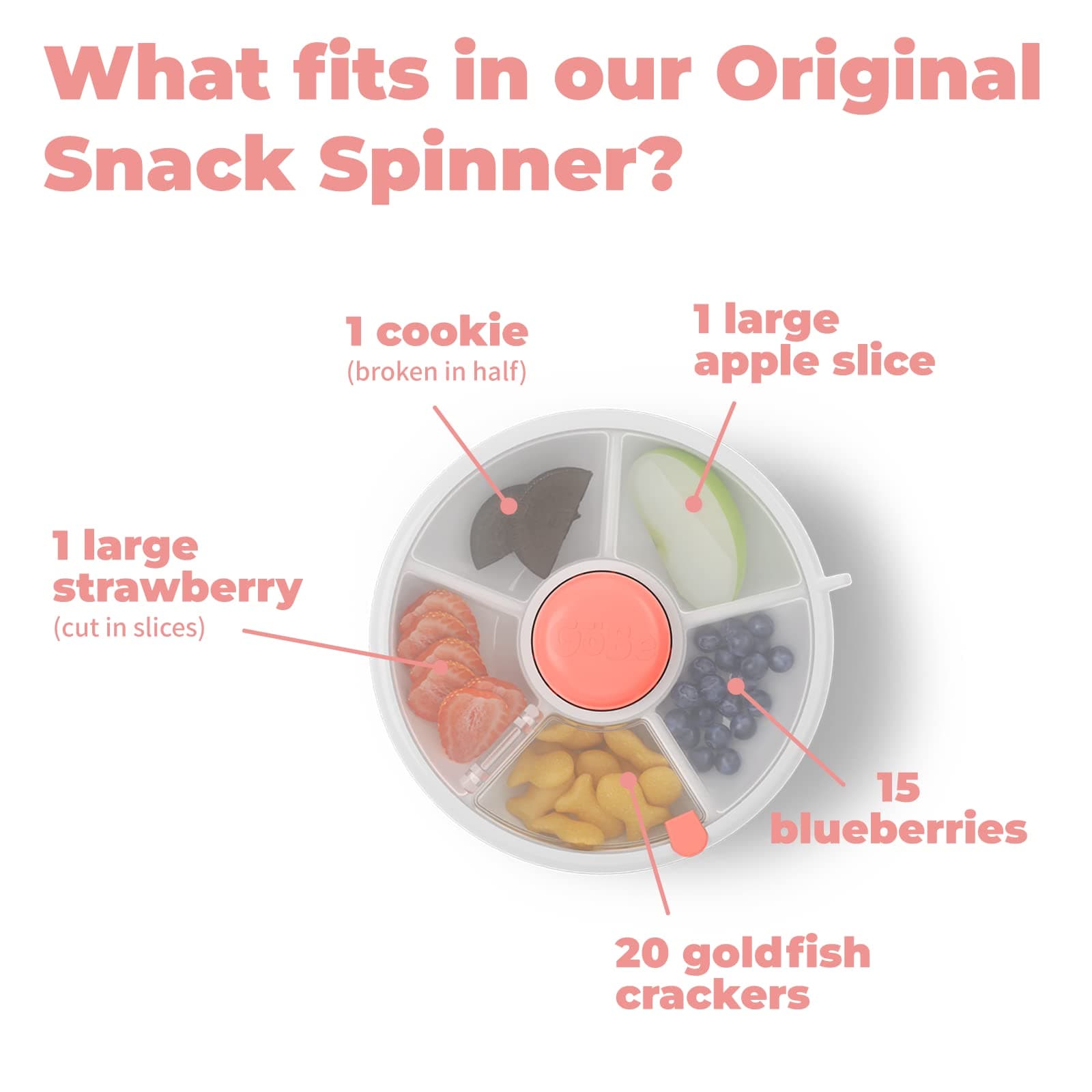 New GoBe Kids Snack Spinner Bundle with Hand Strap and Sticker Sheet - Reusable Snack Container with 5 Compartment Dispenser and Lid | BPA and PVC Free | Dishwasher Safe | No Spill, Leakproof