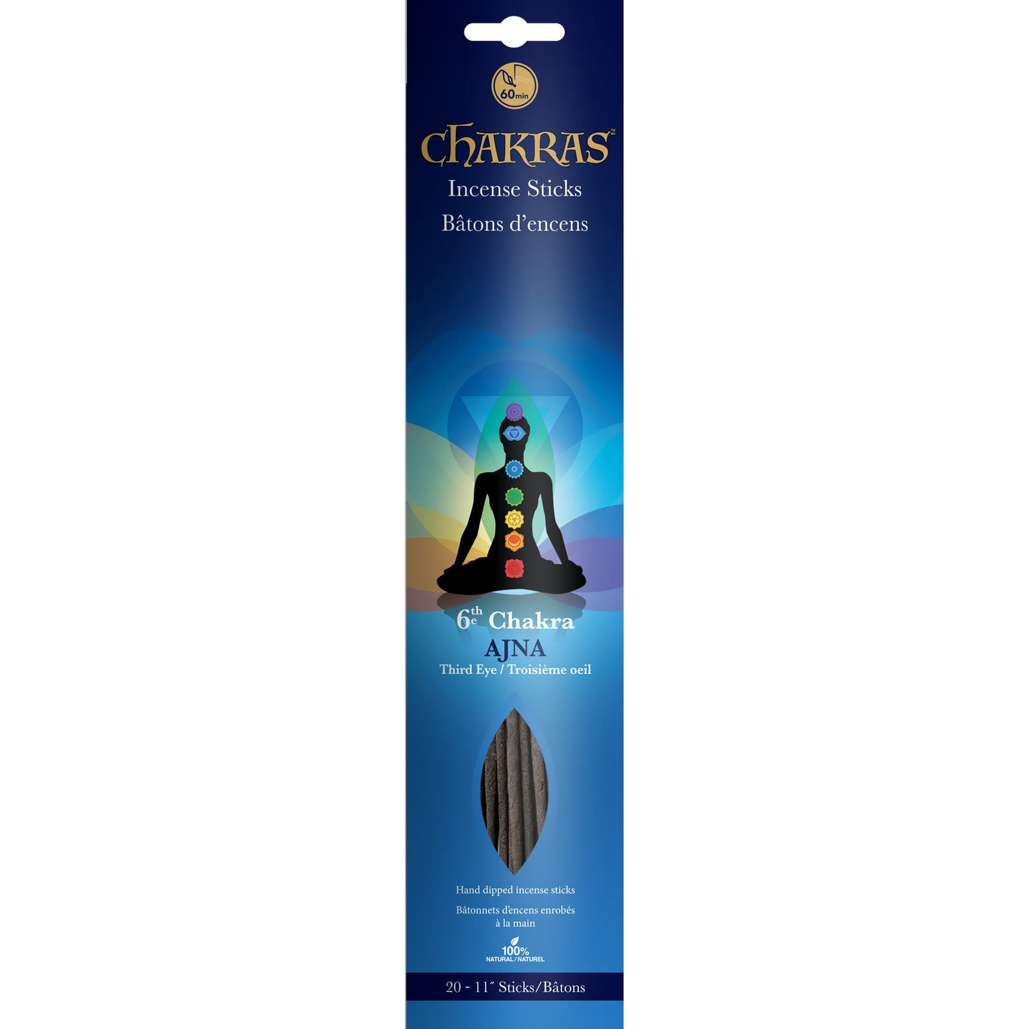 7 Chakras - 6 Ajna - Third Eye - Imagination - Primary Aromas are Cinnamon & Sage - 11 inch - 35 Grams - 60 Minutes - 100% Natural Hand Dipped Incense Sticks