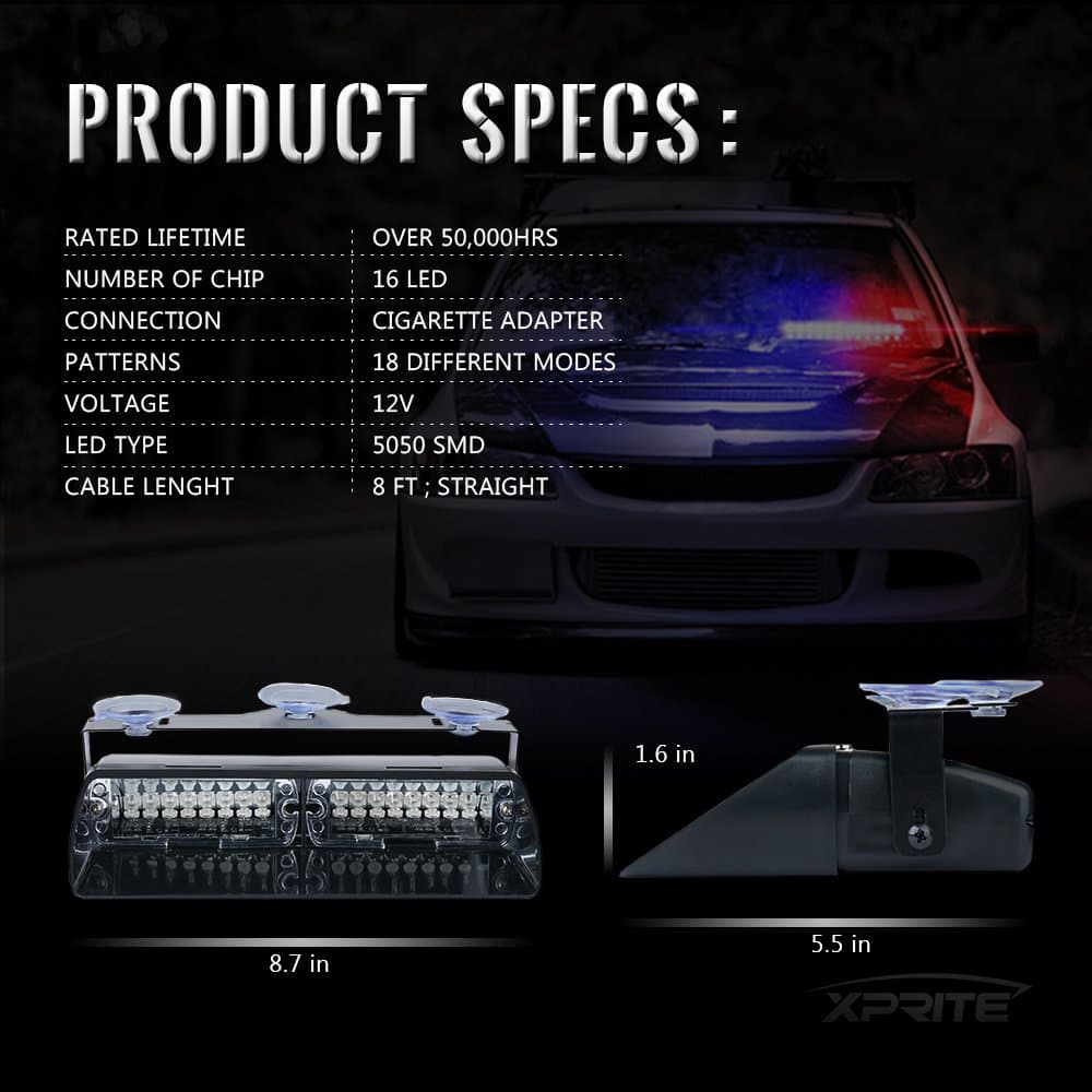 Xprite Red LED Emergency Dash Strobe Light, Interior Windshield Safety Warning Firefighter Lights w/Suction Cups, 12V Windshield Visor Light Bar for Police Ambulance EMS Patrol Vehicles Fire Trucks