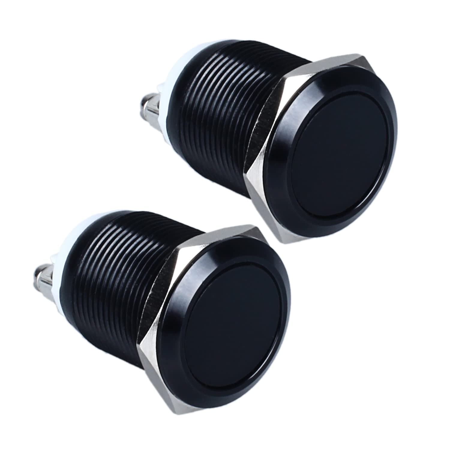 2pcs 19mm Latching Metal Push Button Switch Waterproof IP66 Anti-Vandal IK09 for 3/4" Mounting Hole Screw Terminals 12V 24V 36V DC 110V 250V AC 5A 1NO Aluminium Alloy Black