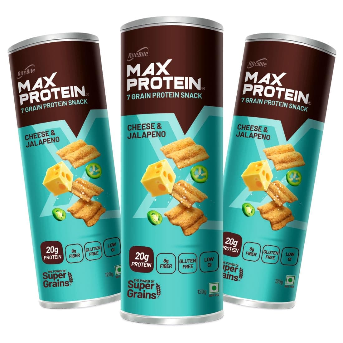 RiteBite Max Protein Cheese & Jalapeno Protein Chips with 20 Grams Protein, 8 Grams Fiber | Gluten Free, Low GI, No Cholesterol & Trans Fat 7 Grain Protein Snack, 120 Grams (Pack of 3)
