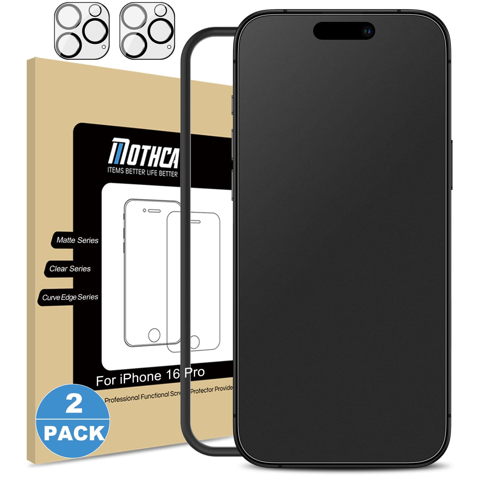 Mothca 2 Pack Matte Glass Screen Protector for iPhone 16 Pro [6.3 inch] + 2 Pack Camera Lens Protector, Anti-Glare & Anti-Fingerprint (Not Privacy Film) Tempered Glass, Bubble Free, Smooth as Silk