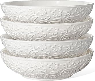 Pasta Bowls 32oz, Ceramic Large Salad Bowls 8 inch, White Embossed Soup Bowl Set of 4 for Serving， Entertaining, Wide Shallow Dinner Bowls, Microwave Dishwasher Oven Safe (Flower)