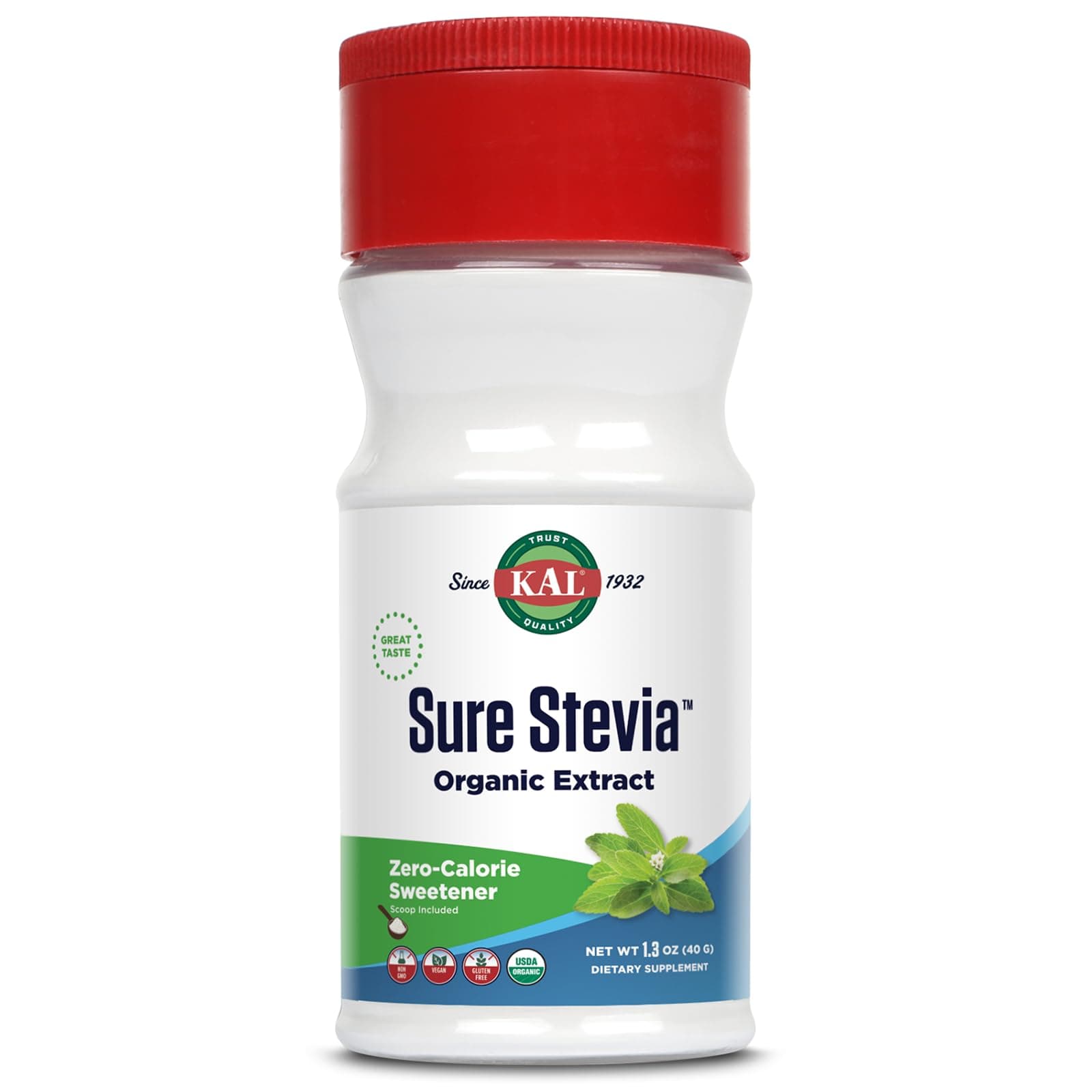 KAL Sure Stevia Extract, Organic Stevia Powder, Low Carb, Zero Calorie Sweetener, Keto Friendly, Great Taste, Low Glycemic, Vegan, Gluten Free, No Fillers, 60-Day Guarantee, Approx. 690 Servings, 1.3oz