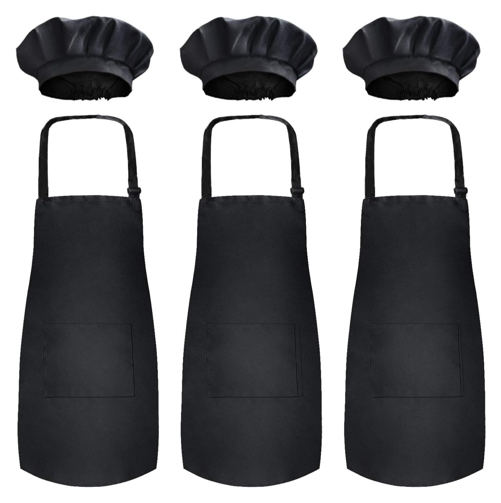 3 Pack Kid's Apron with Chef Hat Set - Skin-friendly Children’s Bib with Pocket - Cooking, Baking, Painting, Training Wear For 6-13 Year Kids