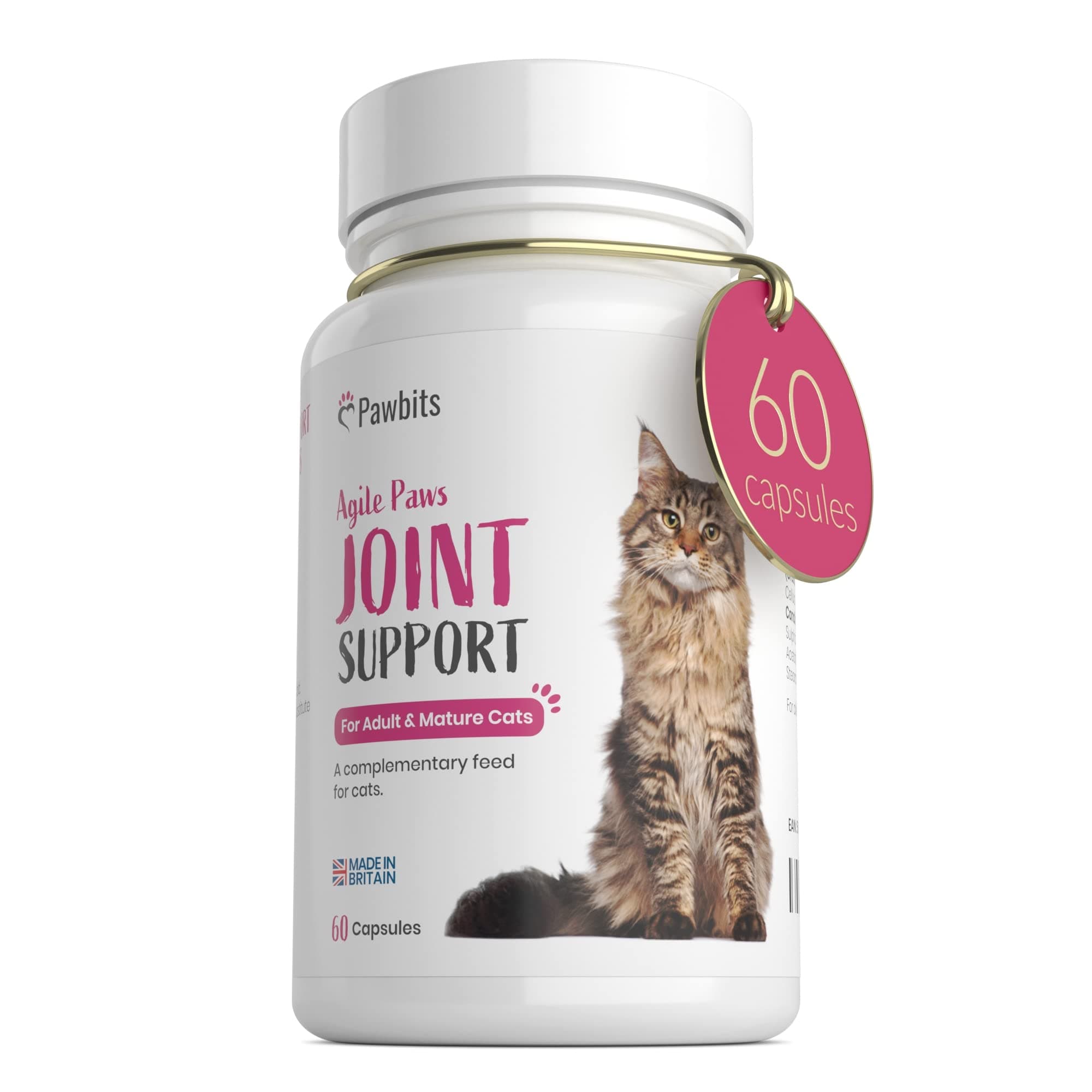 60 Pawbits Joint Support for Cats Tablets for Stiff & Mature Adult Cats Anti-Inflammatory Relief Supplements, Green Lipped Mussel, Glucosamine & Hyaluronic Acid Sprinkle Capsules (60)
