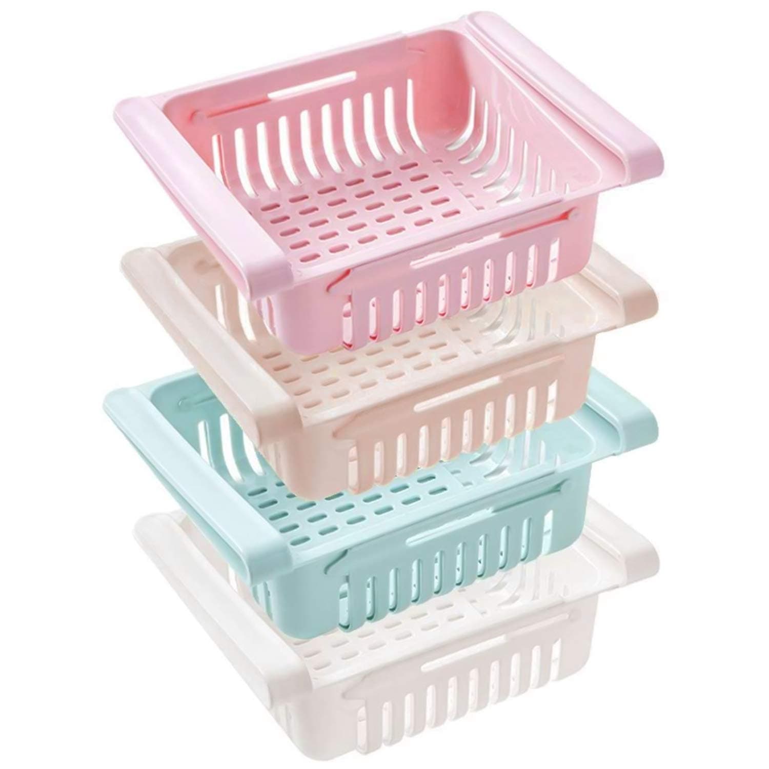 NewthinkingFridge Drawer Organiser, Retractable Fridge Storage Drawer, Space Saving Storage Basket Under Shelf for Fridge (4 Pack)