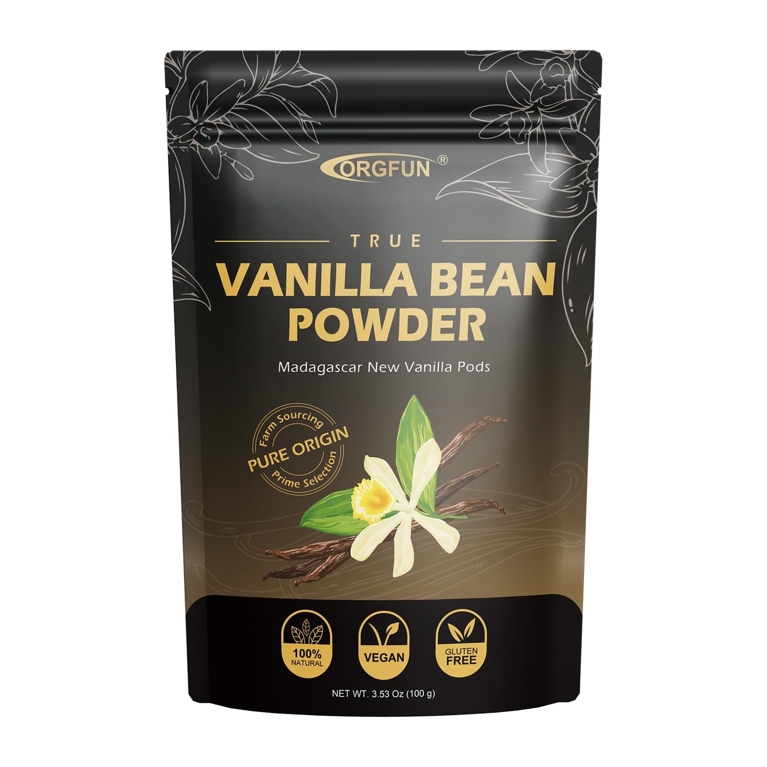 ORGFUN Vanilla Bean Powder 3.53 Oz, Native Ground Madagascar Vanilla Powder Pure Natural No Fillers or Additives Great for Baking, Desserts, Coffee Vegan Gluten Free 100G