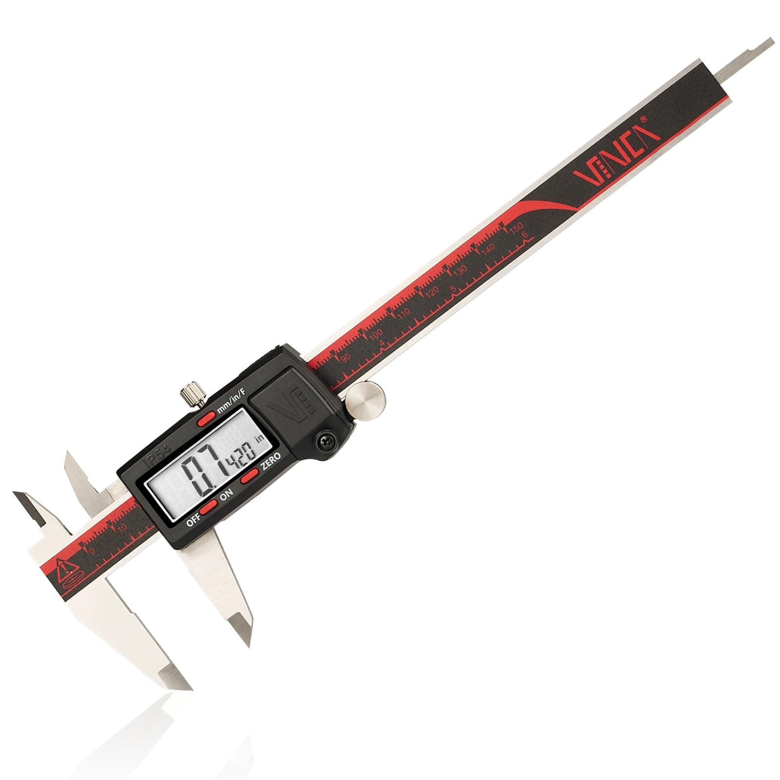DCLA-0605 Electronic Digital Vernier Micrometer Caliper Measuring Tool Stainless Steel Large LCD Screen 0-6 Inch/150mm, Inch/Metric/Fractions, Red/Black