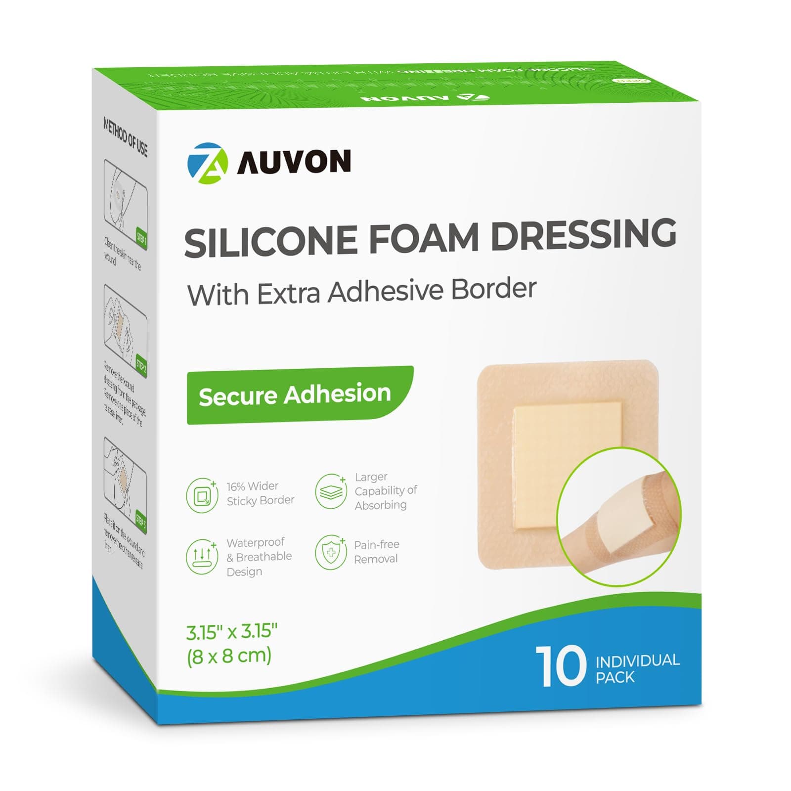 AUVON Silicone Foam Dressing with Large Adhesive Border, 3" x 3" 10 Packs Wound Dressing Bandage with High Absorbency, Waterproof Silicone Foam Pads for Wound Care & Protection Plus Cushioning