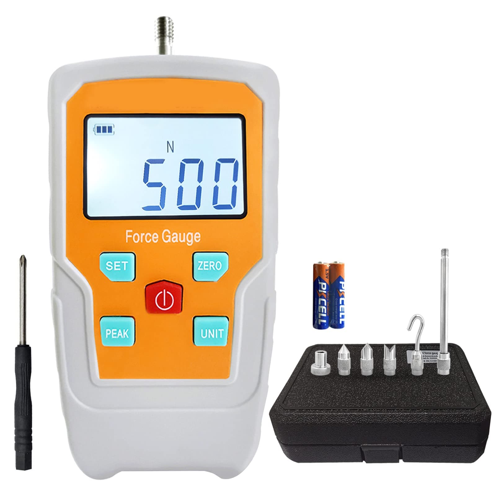Digital Electronic Pull Gauge Tester 110LB/500N Force Gauge Push-Pull Meter Tension Compression Pressure Testing Thrust Meter Peak Mode with 6 Kinds of Probe and Extension Rod