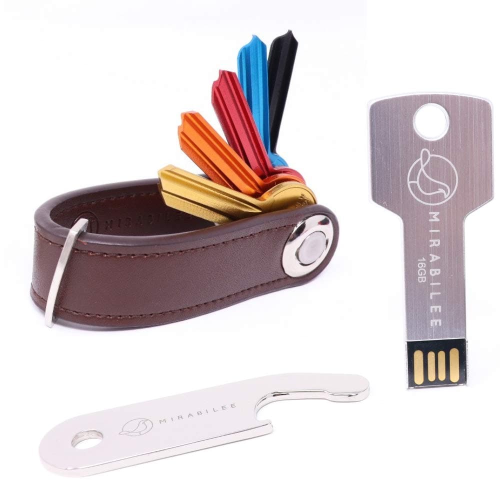 Key Organizer Keychain, 100% Real Leather Compact Key Holder + Sleek 16GB Key Shape Aluminum USB Flash Drive+Bottle Opener + Gift Box, BEST VALUE BUNDLE 3-in 1 SET- Highest quality Stylish and Rugged.