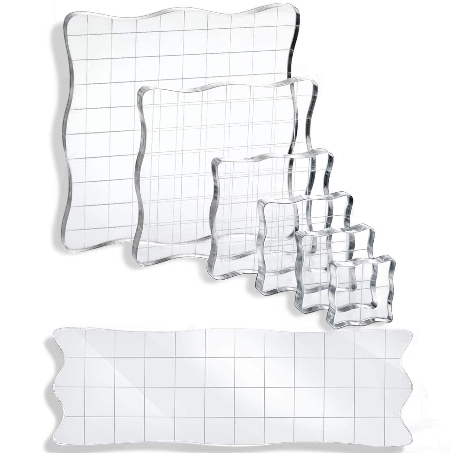 UCEC 7 Pieces Acrylic Stamp Block Assorted Sizes Clear Acrylic Mounting Blocks Set, Decorative Stamp Blocks with Grid Lines for Scrapbooking Crafts Making