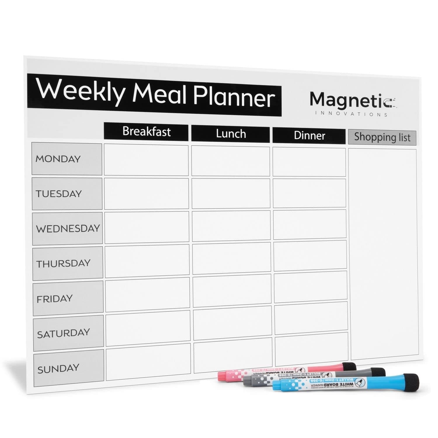 Large A3 Fridge Meal Planner Board, Ideal as a Weekly Family Diet Planner, Food Shopping List, Menu Board, Includes 3 Dry Wipe Markers