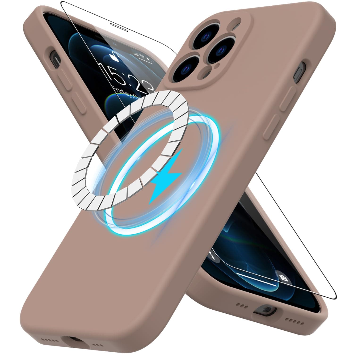 DEENAKIN Magnetic for iPhone 12 Pro Max Case Silicone with Screen Protector - [Compatible with MagSafe] - Camera Protection - Slim Fit Protective Phone Cover 6.7" for Men Women Girls - Light Brown