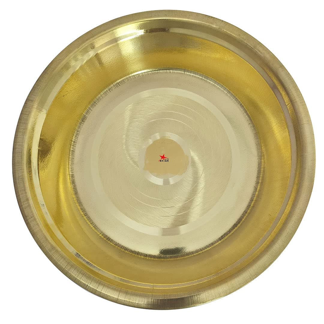 Brass Plate with Tool Touch Design, Brass Pooja, Rituals or Dinner Plate. Colour-Golden, Diameter - 14 Inches, Pack of 1