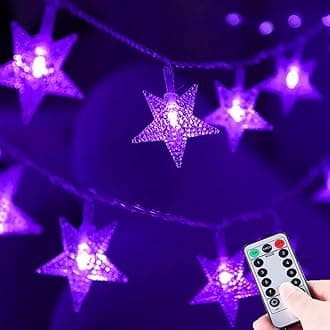 HUGSVIK 50 LED Purple Star Lights String, 8 Modes Battery Operated String Lights, Waterproof Purple Halloween Christmas Lights for Bedroom Kids Room Decor Playhouse Classroom Space Camping