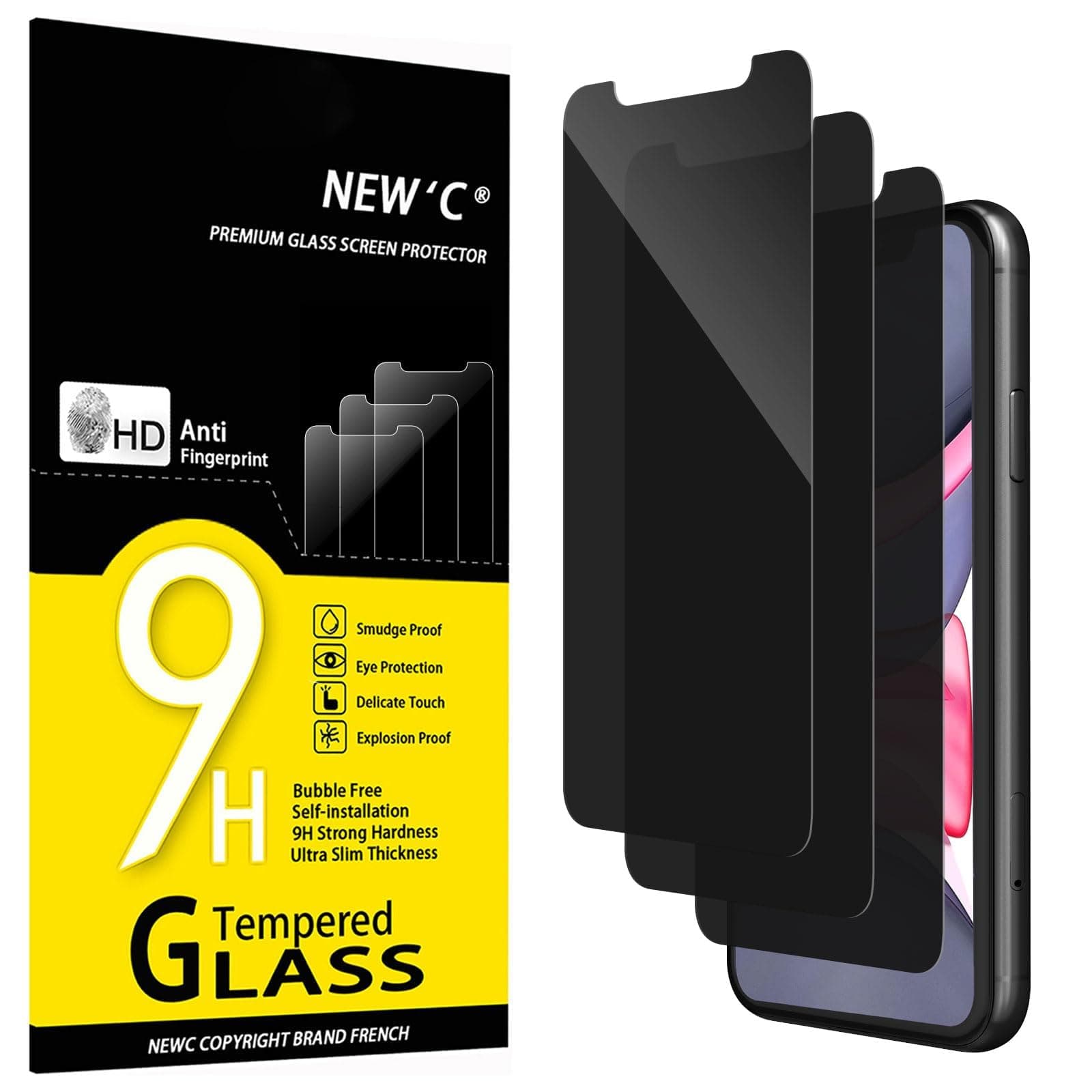 – NEW'C 3 Pack Privacy for iPhone 11, iPhone XR Screen Protector, Enhanced 28-Degree Privacy Angle, Ultra Durable 9H Hardness, Bubble-Free