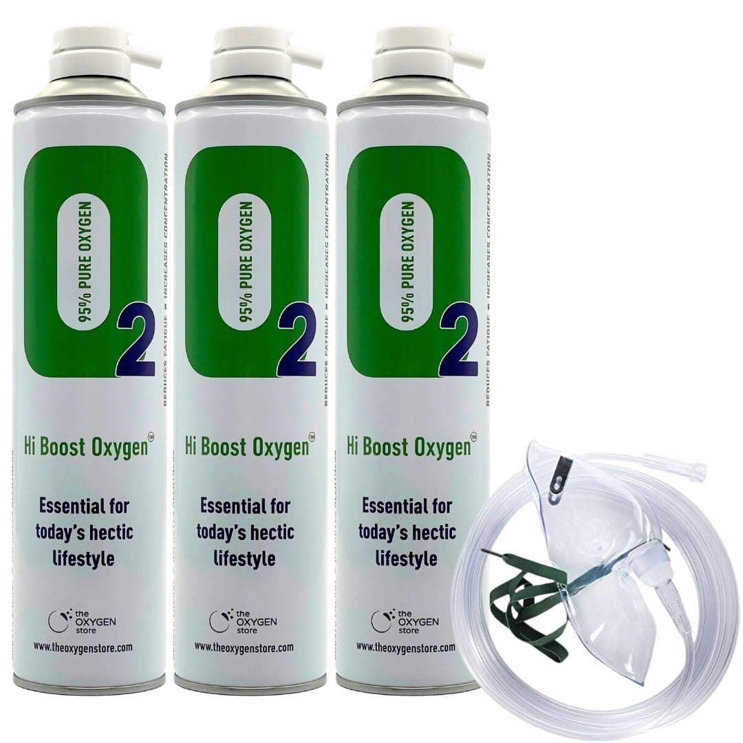 The Oxygen Store Hi Boost O2 Oxygen in a can 10l Each can Total 30L (3 Cans) Portable Oxygen Including 1 x Mask and Tubing Set - Great for Sport, Work, Health, Increased Concentration and Energy