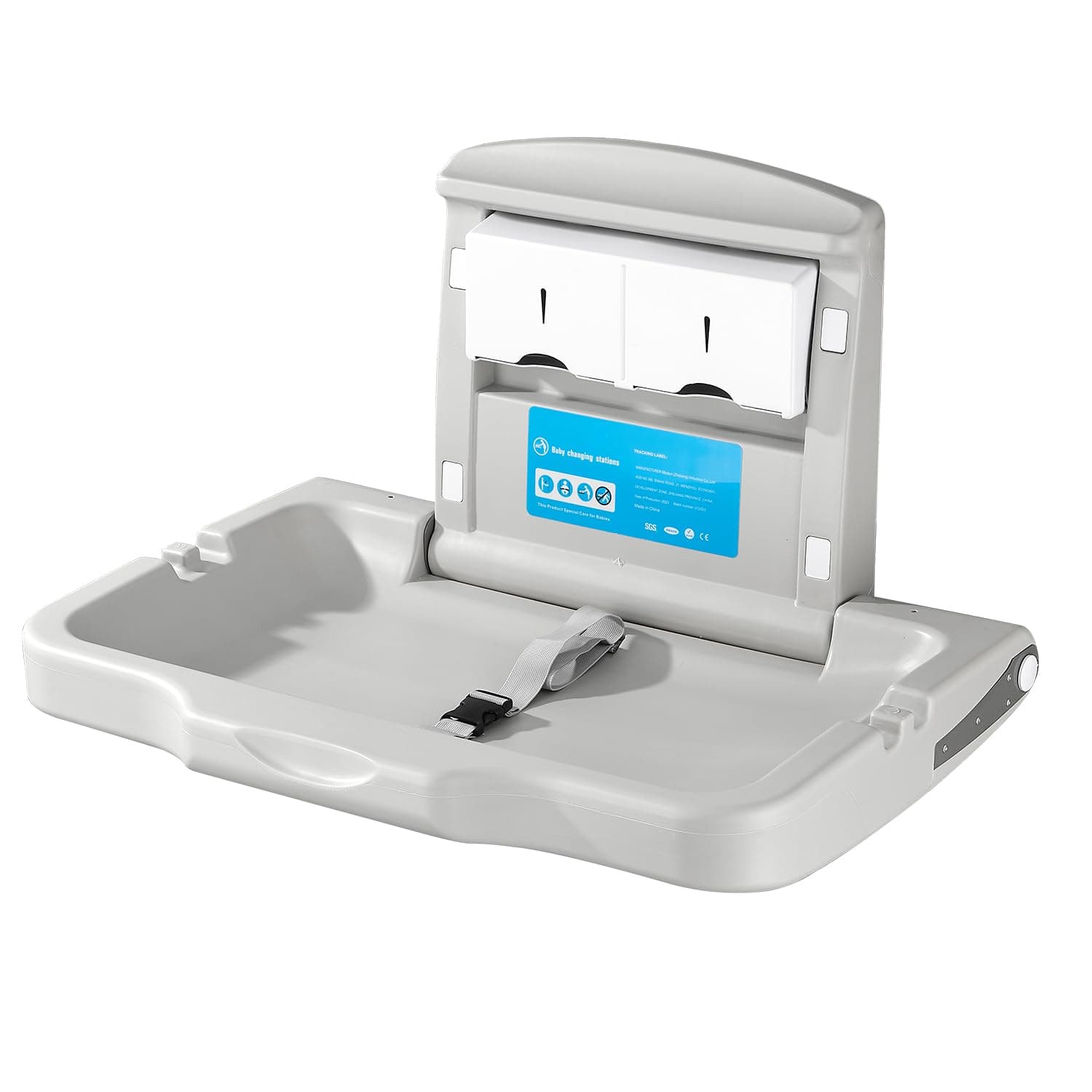 Fold-Down Baby Changing Diaper Station - Horizontal Wall Mounted, Sturdy & Durable with Safety Straps for Commercial Bathrooms, Granite