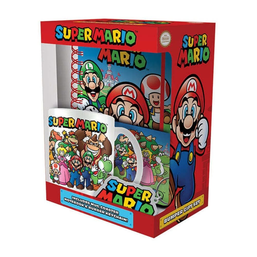 Super Mario Bumper Gift Set, 11oz Ceramic Coffee Mug, Coaster & Keyring in Presentation Gift Box, Mario Gifts for Boys and Girls - Official Merchandise