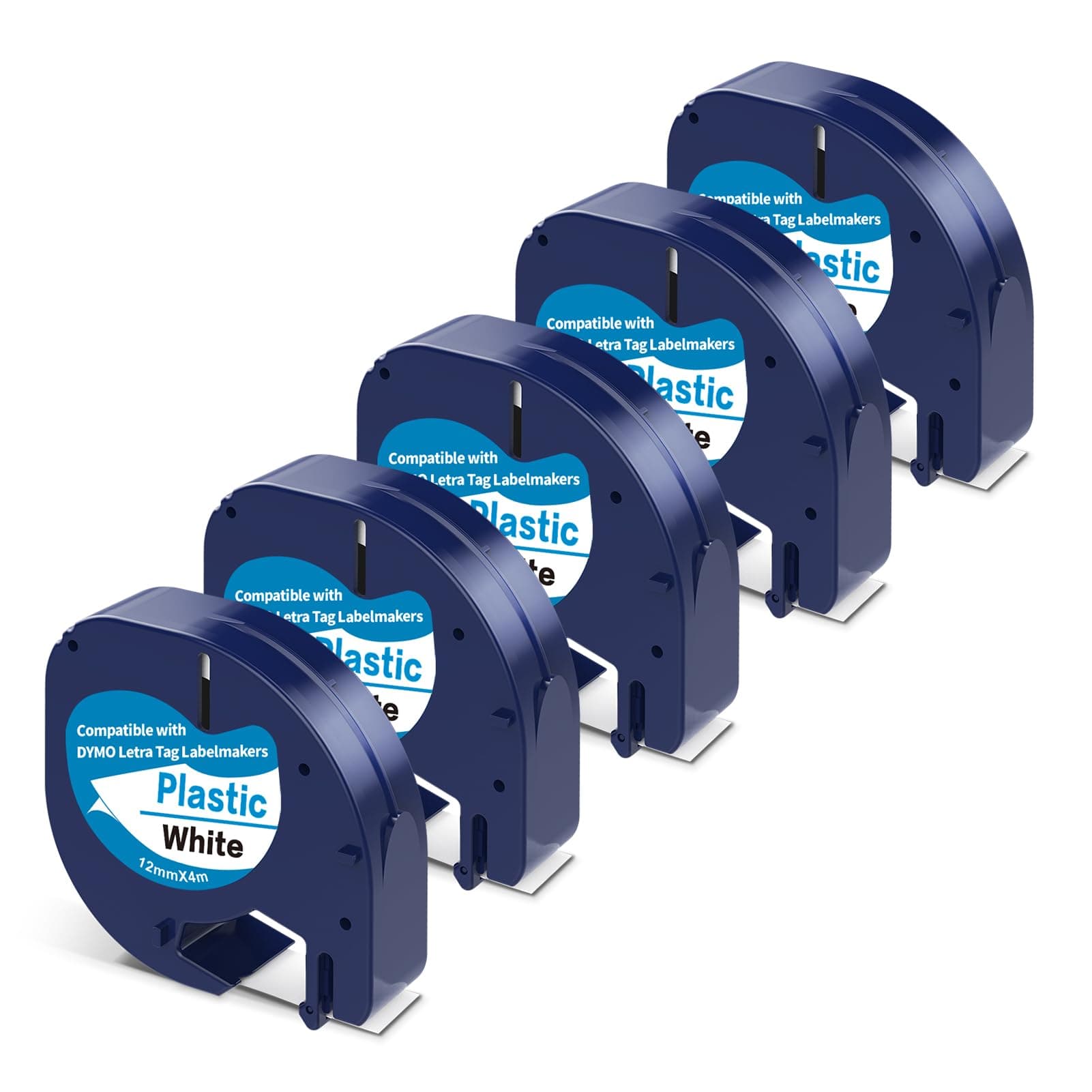 5 Pack Label Tape Replacement for Dymo Label Maker Refills 91331 White Plastic Label Tape 12mm x 4m (1/2''x13') Compatible with Dymo Letratag Label Maker LT100H LT100T QX50