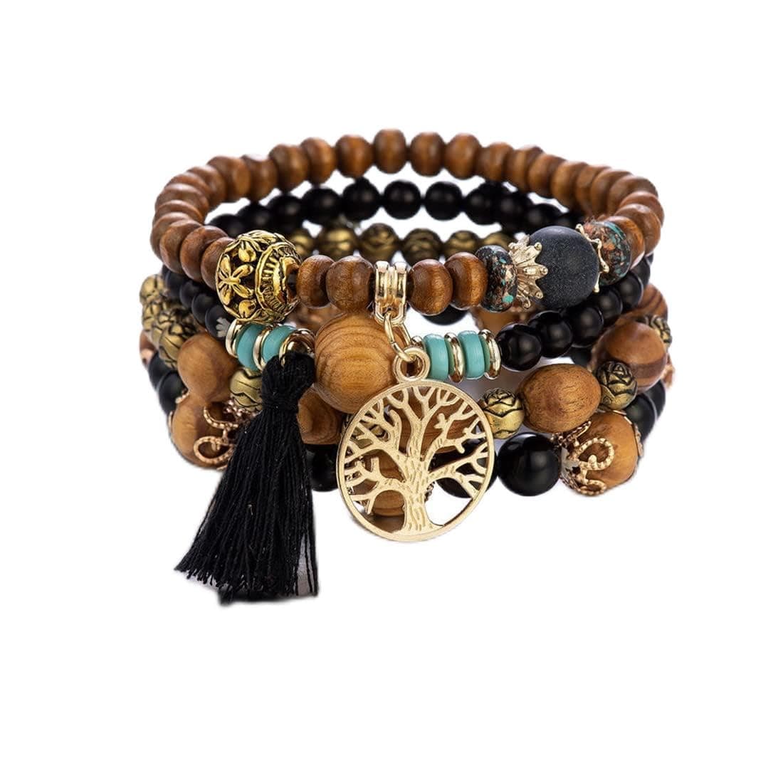 Boho, Multi-Layer Wooden Beaded Bracelet With Tassels - Tree of Life Design for Ladies, Elastic Four-Piece Set in Black