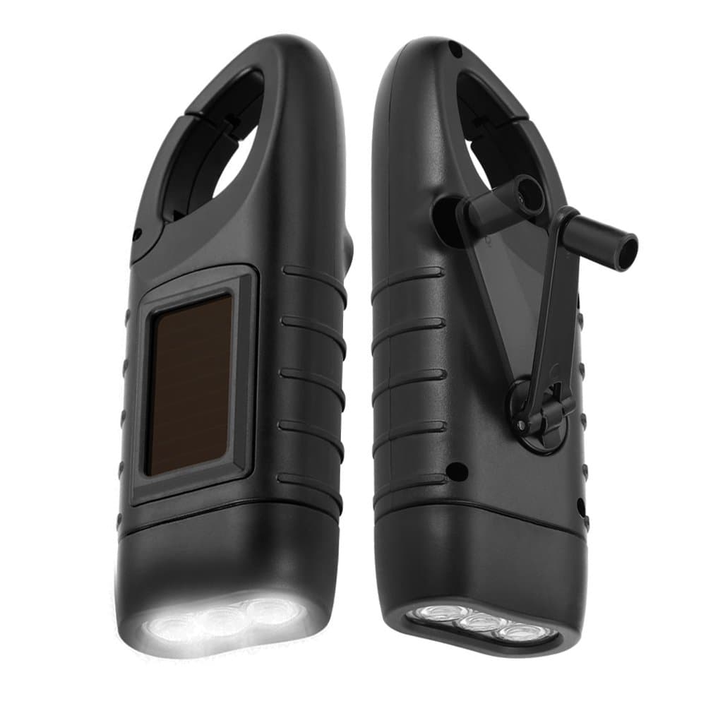 Simpeak 2-Pack Hand Crank Solar Powered Flashlight, Emergency Rechargeable LED Survival Light With Quick Snap Carbiner, Dynamo Torch for Outdoor Sports, Black
