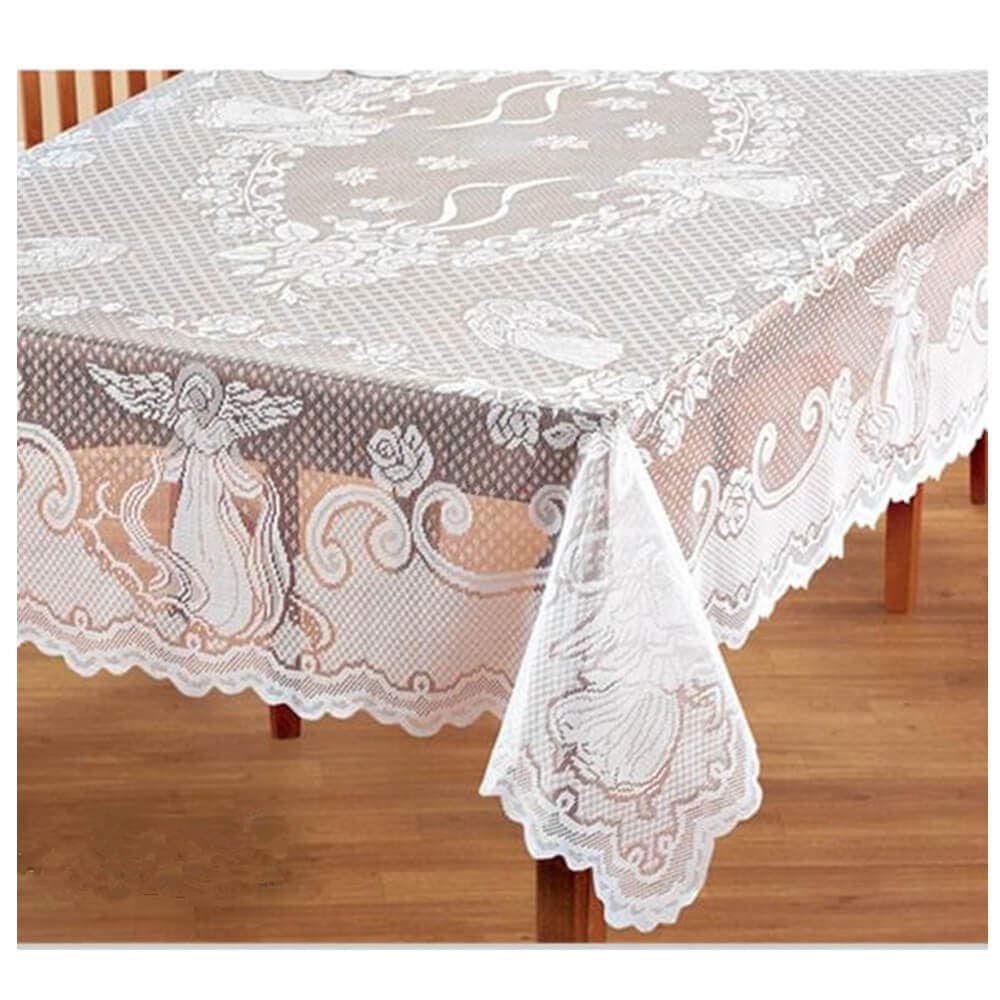 Christmas White Lace Rectangular Tablecloths Angel Pattern Floral Embroidered Table Linens for Baby Showers Wedding Parties Table Covers for Rectangle Dining Room Kitchen Tables, 60W x 84L
