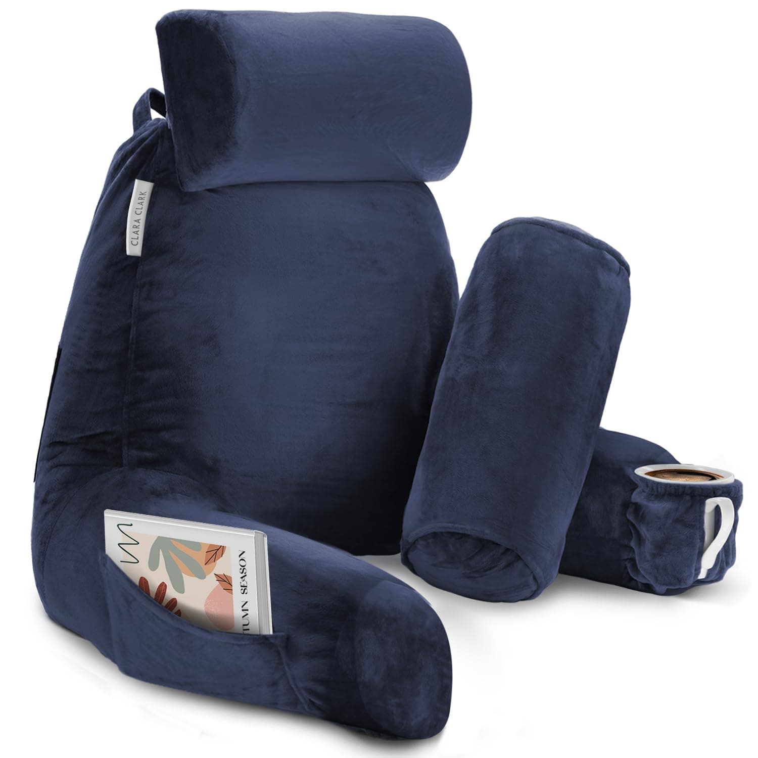 Clara Clark Reading Pillow with Shredded Memory Foam Includes 2 Neck and Lumber Support Pillows, Designed for Sitting Up in Bed and Couch, Back and Arms Adjustable Support for Adults & Teens Navy Blue