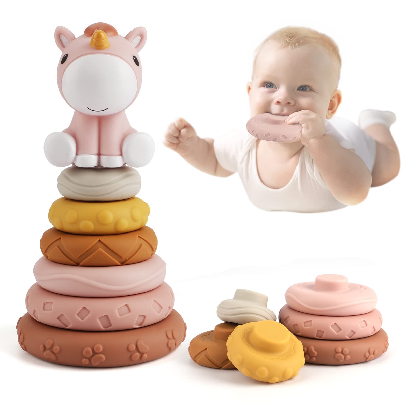 Edulike 7 Pcs Stacking & Nesting Baby Toys, Squeeze Teething Baby Toys and Building Circle with Horse Figure, Early Educational Christmas Toy Gifts for 6 Months Baby Toddler Girls (Classic Edition)