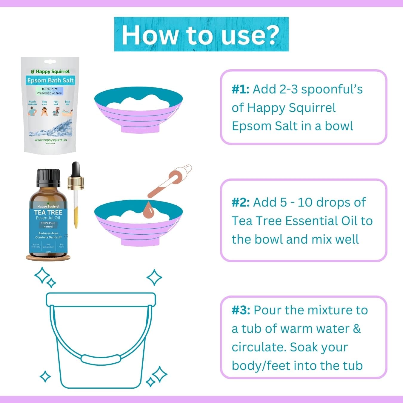 Tea Tree Bath Salt | 100% Pure - Lab tested | For Bath, Foot, Pain Relief & Pedicure (Epsom Salt 275gms + Tea Tree Oil 15ml)