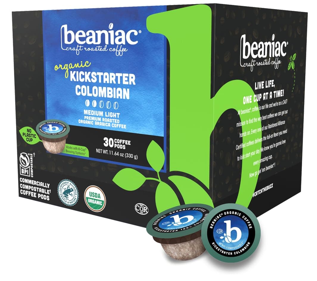 beaniac Organic Kickstarter Colombian, Medium Light Roast, Single Serve Compostable K Cup Coffee Pods, Organic Arabica Coffee, Keurig Brewer Compatible, 30 Count