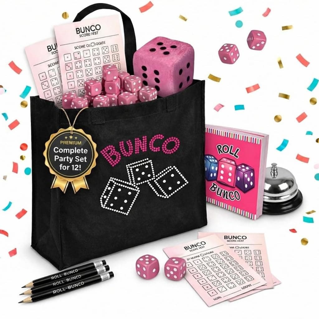 Bunco Game Kit with Crystal Tote Bag - Includes 9 Pink Dice, Score Sheets, Pencils, Bell, and 3 Inch Plush Dice - All of The Bunco Party Supplies You Need