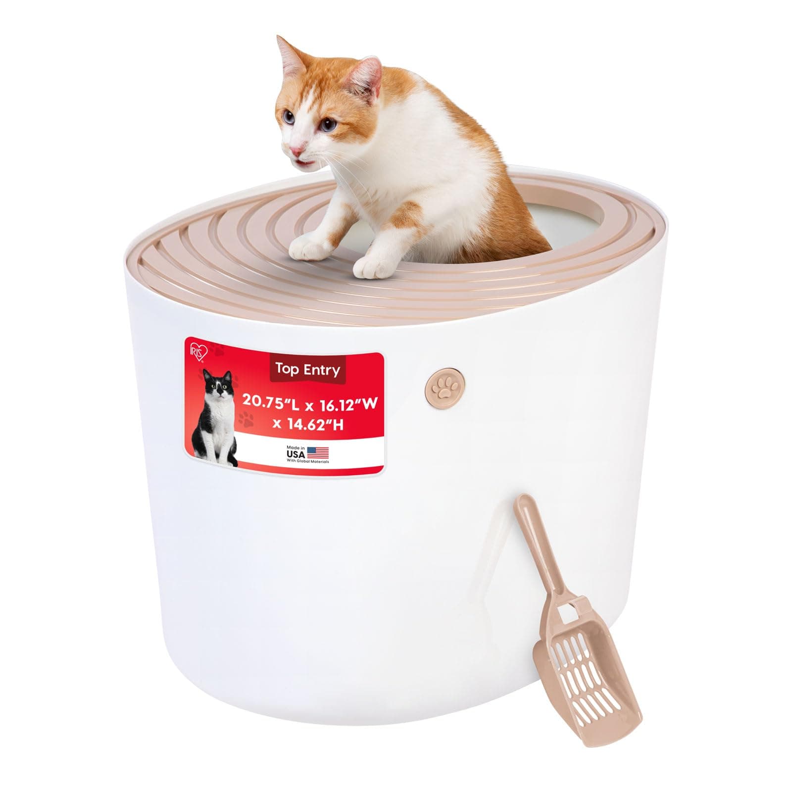 IRIS USA Large Top Entry Cat Litter Box Made in USA, Covered Enclosed Design with Lid, Litter Catching Grooved Top, Scatter Shield, Dog Proof, Scoop Included, Odor Control, Beige/White