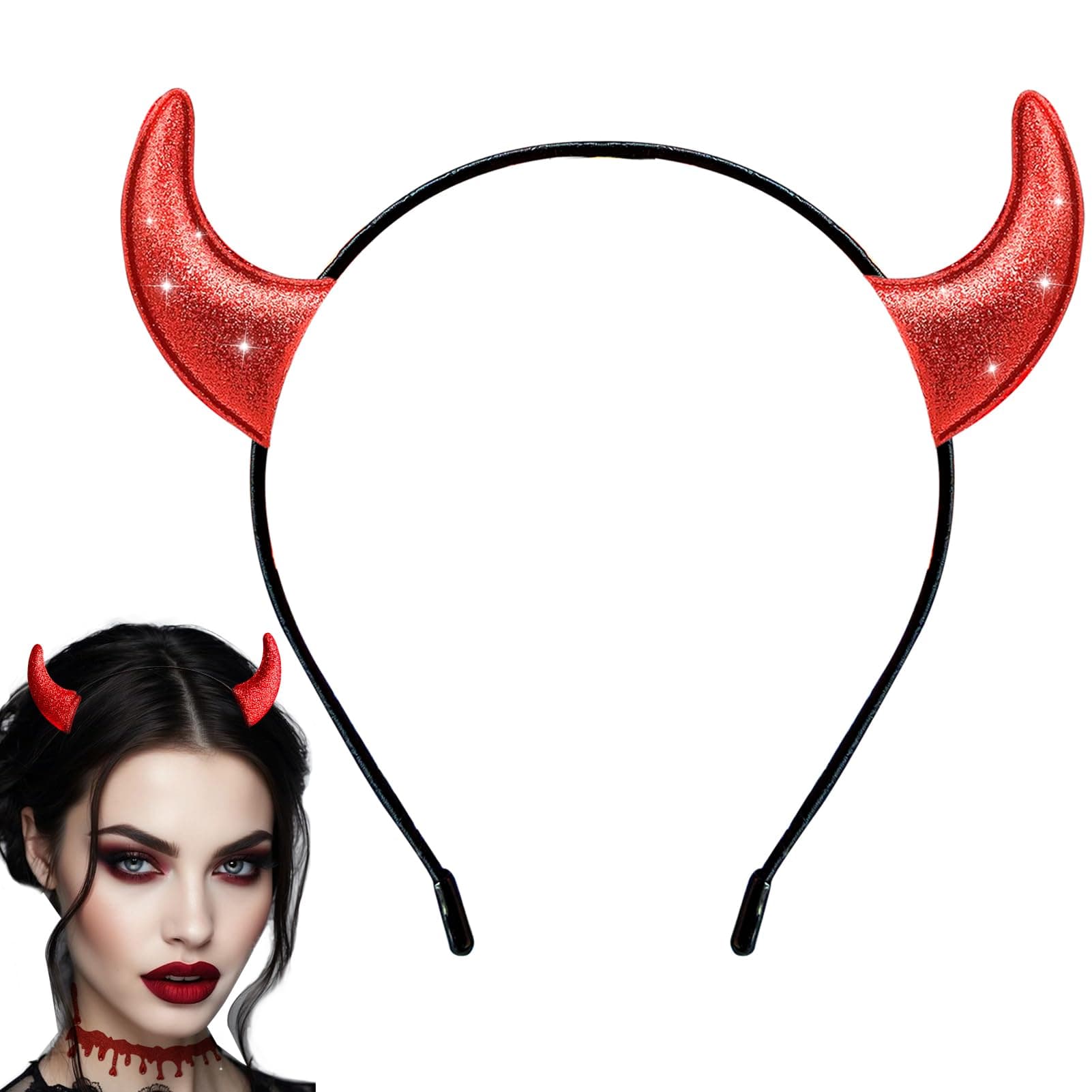 nooepc Glitter Devil Horns Headband With Halloween Tattoos, Red Devil Horns Halloween Costume Accessory for Women, Men, Girls