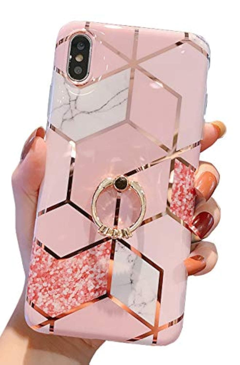 Qokey Compatible with iPhone Xs Max Case 6.5 inch,Marble Design Cute Fashion for Men Women Girls with 360 Degree Rotating Ring Kickstand Soft TPU Shockproof Cover Bling Pink