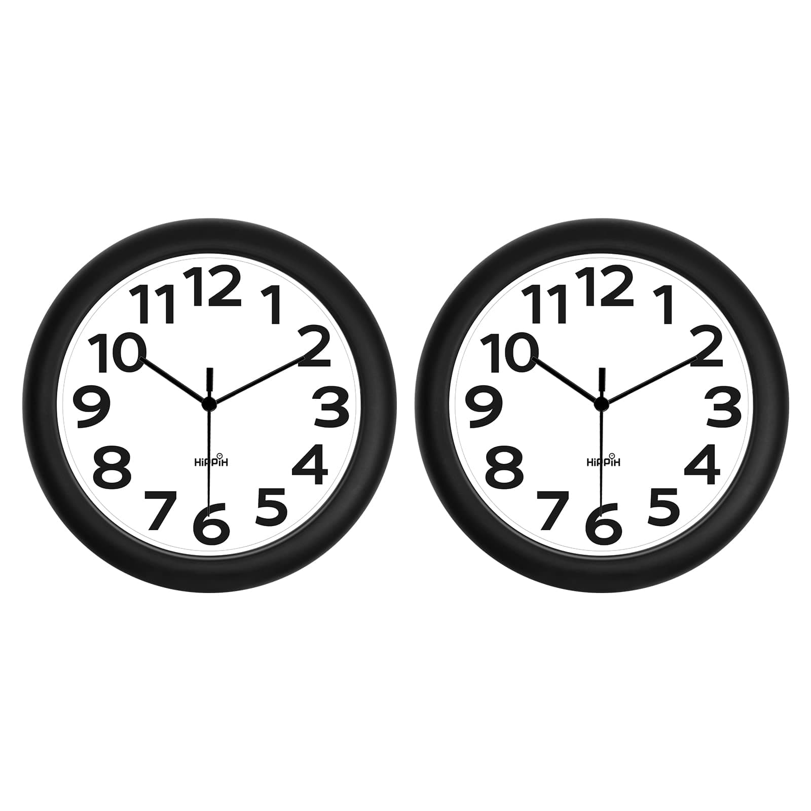 HIPPIH 2 Pack Silent Wall Clock, 10 Inch Non Ticking Quiet Digital Sweep Decorative Battery Operated Wall Clocks for Living Room Bedroom Kitchen School Office Decor, Black