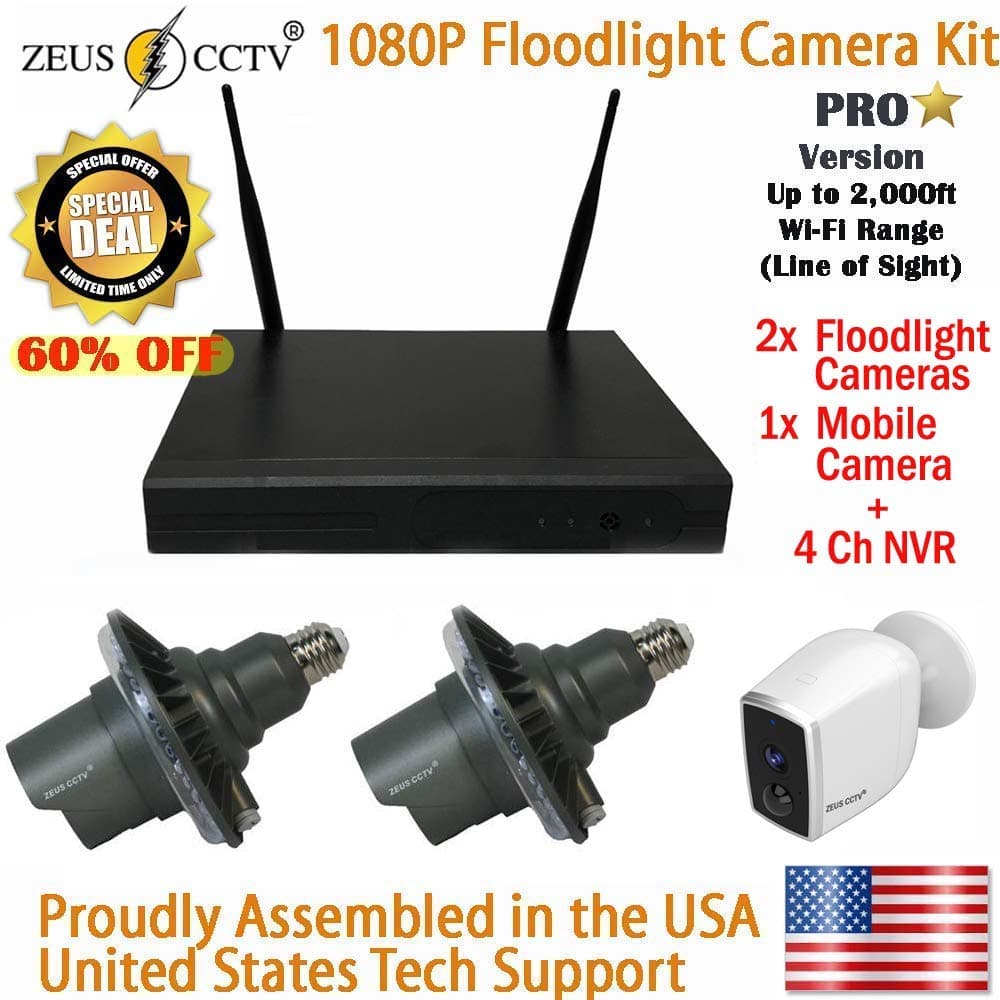 ZEUS CCTV 4 Channel Standalone Pro Wi-Fi NVR System + 2 Twist in Pro Floodlight + 1 Mobile Camera Surveillance Security Cameras Complete Install Kit with Hard Drive