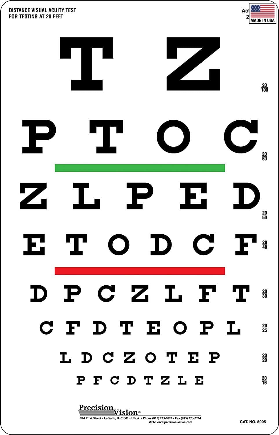 Snellen Eye Chart, Red and Green Bar Visual Acuity Test