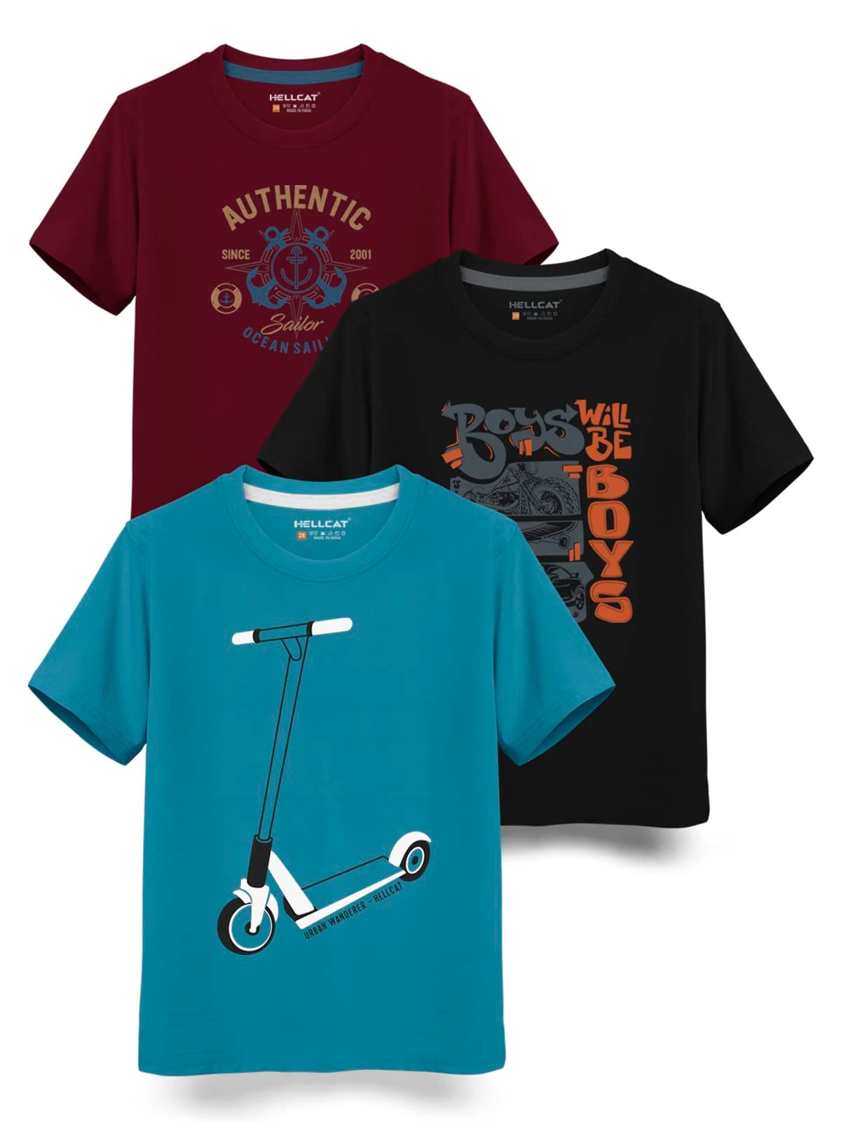 HELLCAT Boys Round Neck Printed Blended Cotton Tshirt -Combo Pack of 2 - Orange/Blue