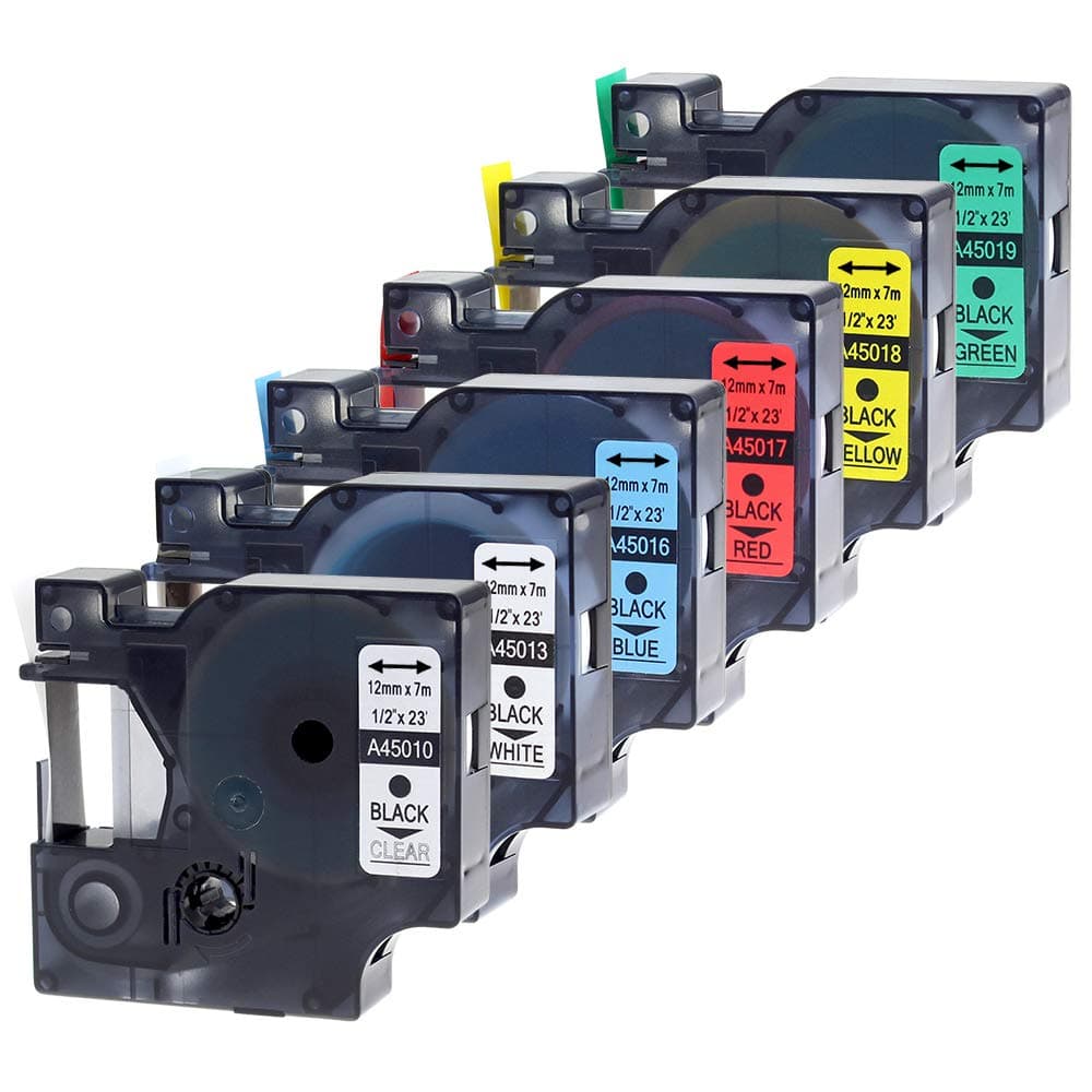 Wonfoucs Compatible Label Tape Replacement for Dymo D1 12mm 45013 45010 45016 45017 45018 45019 12mm x 7m for Dymo LabelManager 160 210D 260D 280 LabelPoint 200 250, 6 Pack