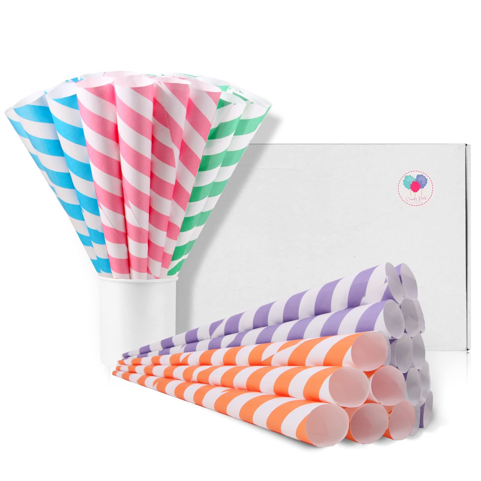 Premium Cotton Candy Cones 100 Pack Carnival Theme - Candy Park Multicolor Cotton Candy Sticks for Cotton Candy Machines - Celebrations & Party Supplies