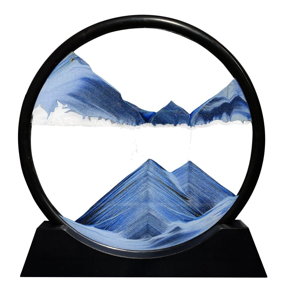 Aoderun Moving Sand Art Picture Round Glass 3D Deep Sea Sandscape in Motion Display Flowing Sand Frame Relaxing Desktop Home Office Work Decor (7", New Blue)